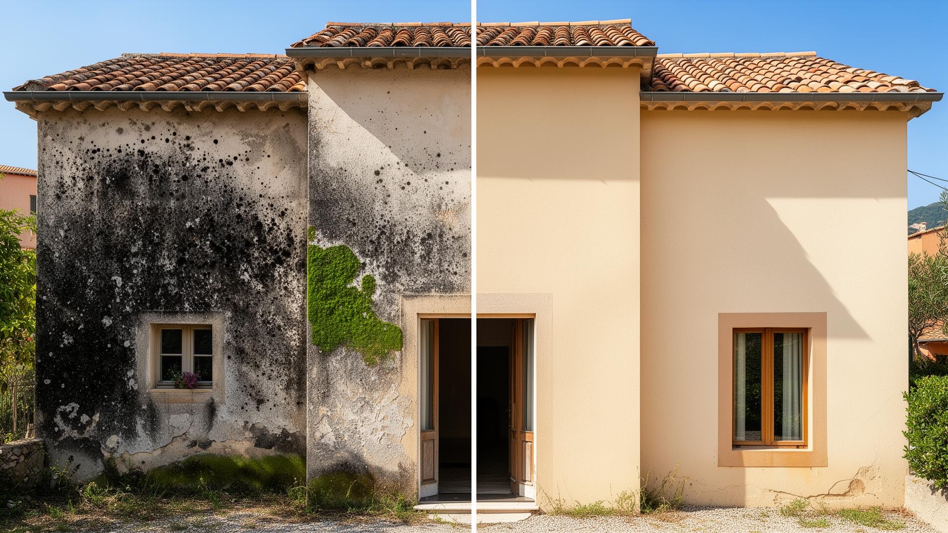 Avant et après nettoyage d'une façade de villa en Corse